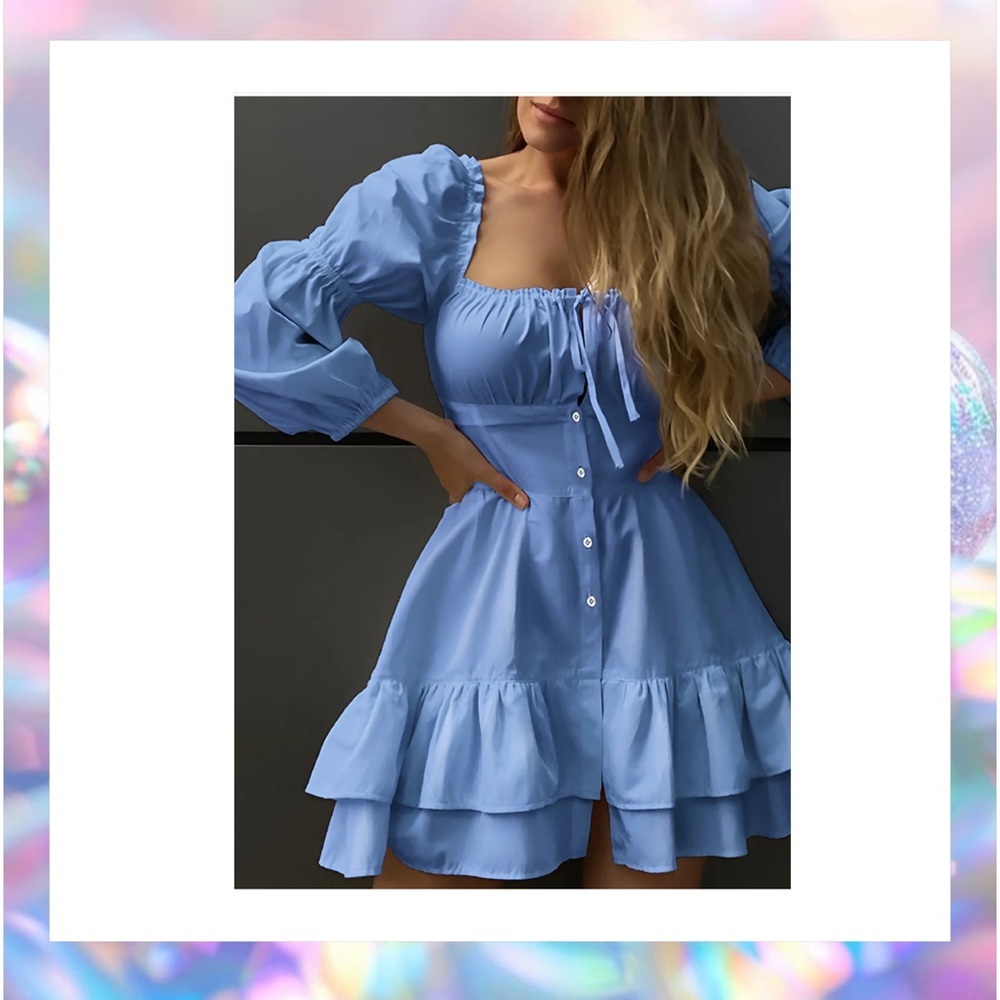 Commense Off Shoulder Blue Raffle Trim Short Dress Size Medium NWT